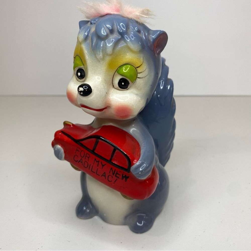 Vintage Squirrel Piggy Coin Bank "For My New Cadillac" w Hair Made In Japan